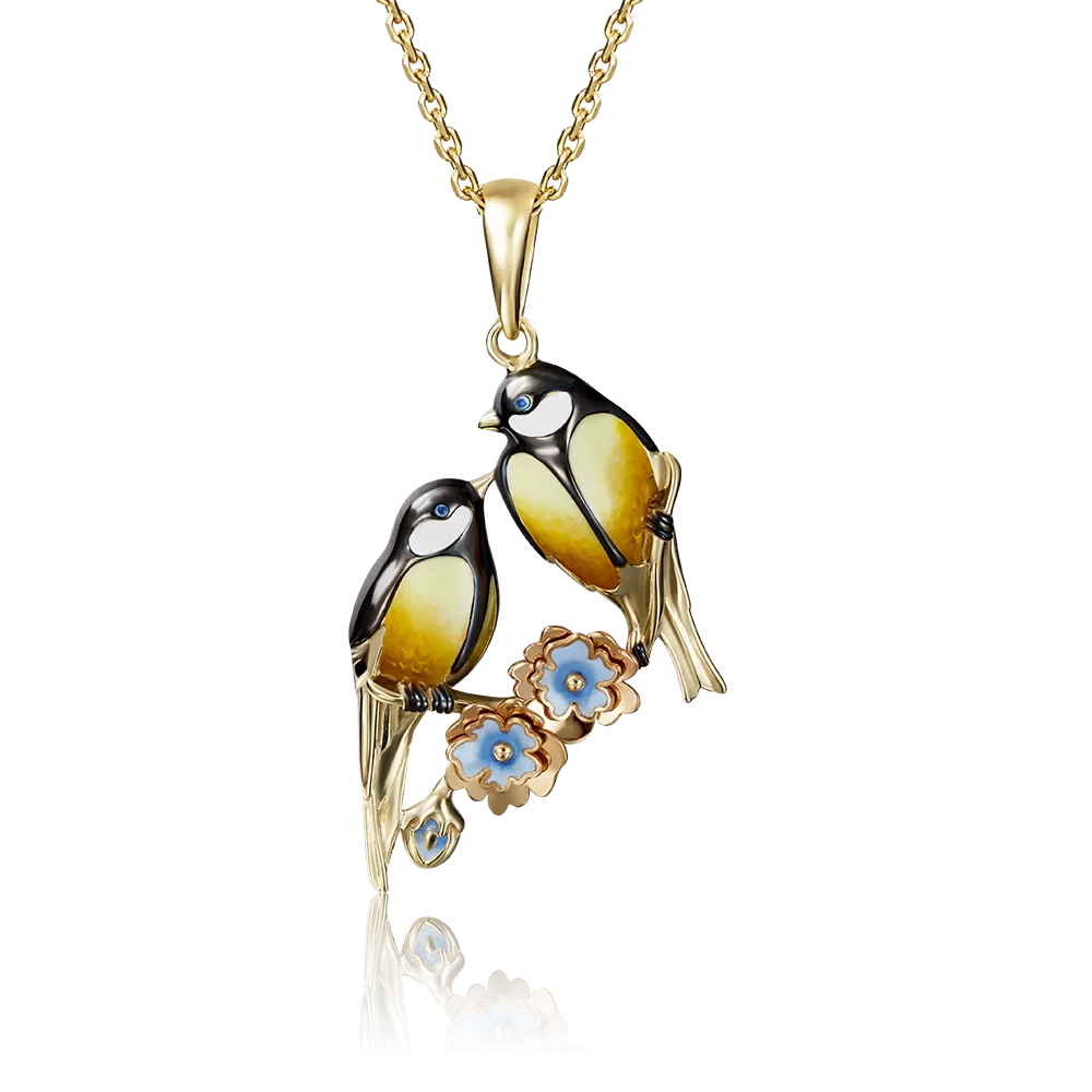 Подвеска «Синички» из лимонного золота с эмалью 03-2873-00-000-1130-48