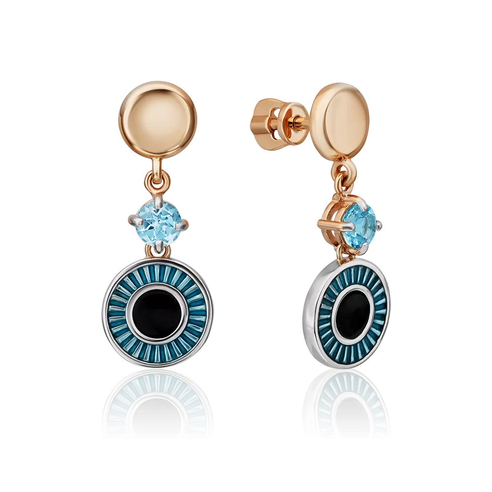 Серьги-пусеты «Взгляд на время» из комбинированного золота с топазом и эмалью 02-4871-00-201-1111