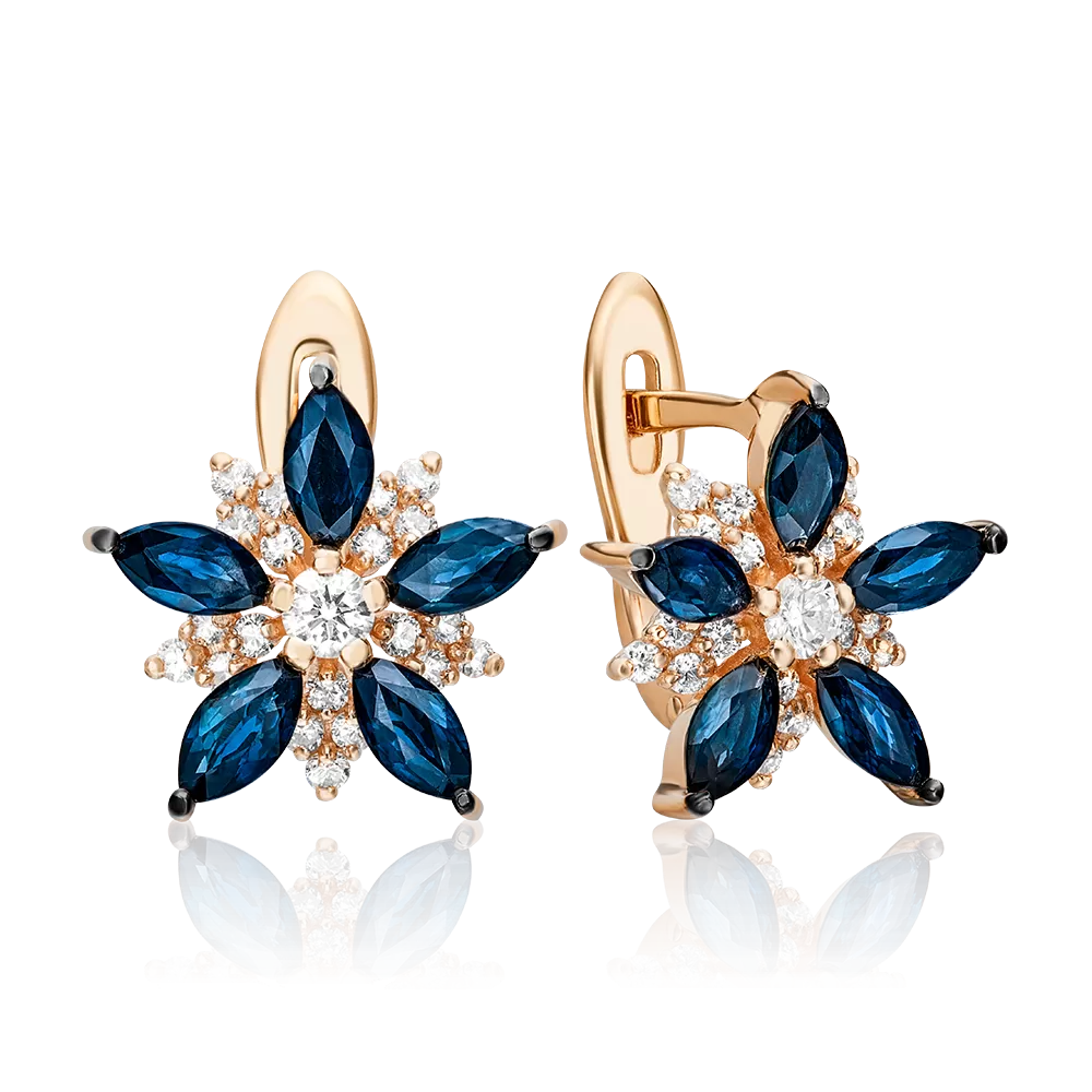 Серьги с английским замком из красного золота с сапфирами и бриллиантами 02-3537-00-105-1110-30