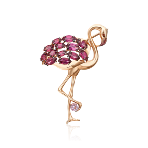 Брошь «Фламинго» из красного золота с гранатами, аметистом и эмалью 04-0227-00-257-1110-57