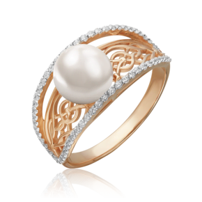 Кольцо из красного золота с жемчугом культивированным и фианитами 01-3636-00-302-1110-31