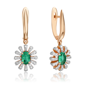 Серьги с английским замком из красного золота с изумрудом и бриллиантами 02-0800-00-106-1110-30