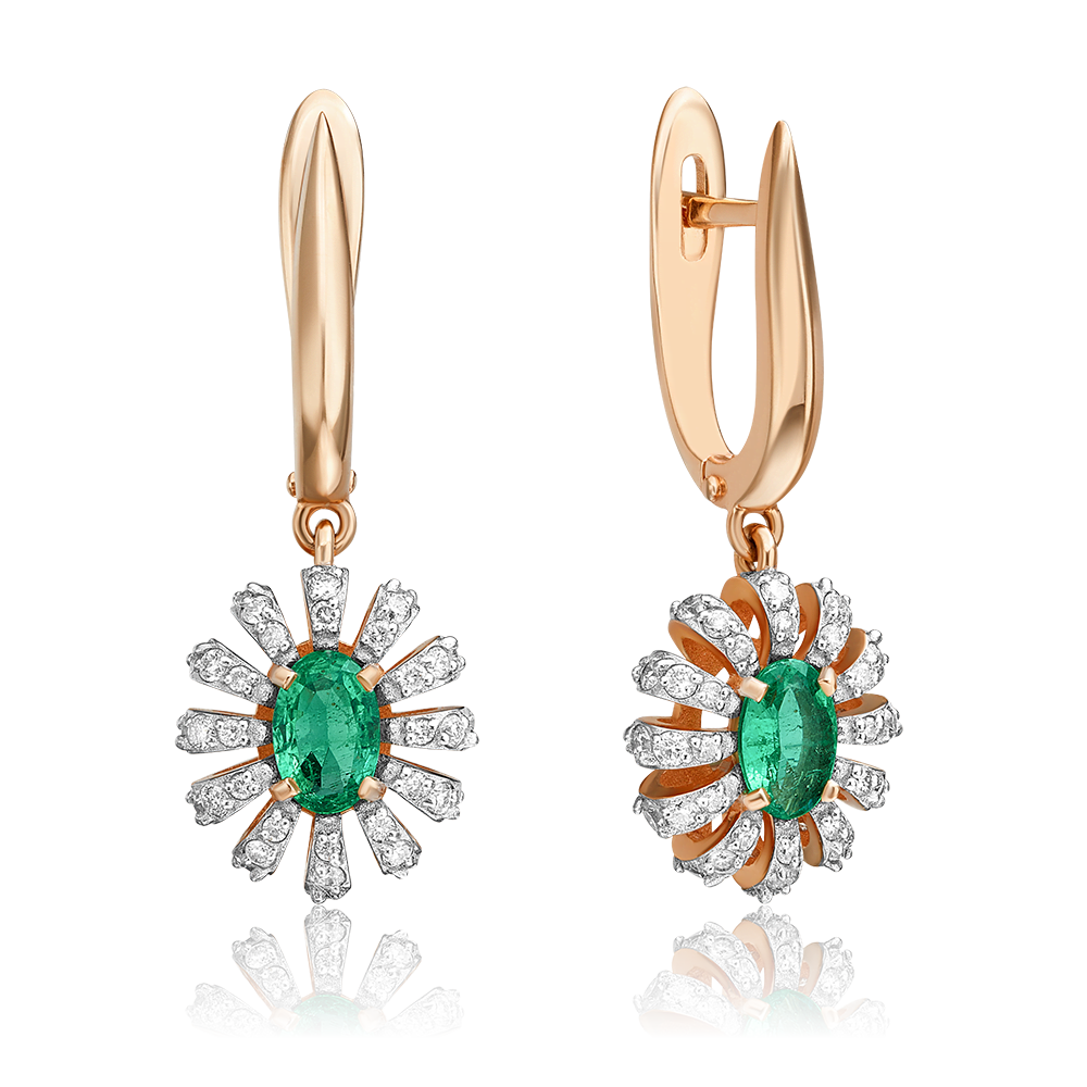 Серьги с английским замком из красного золота с изумрудом и бриллиантами 02-0800-00-106-1110-30