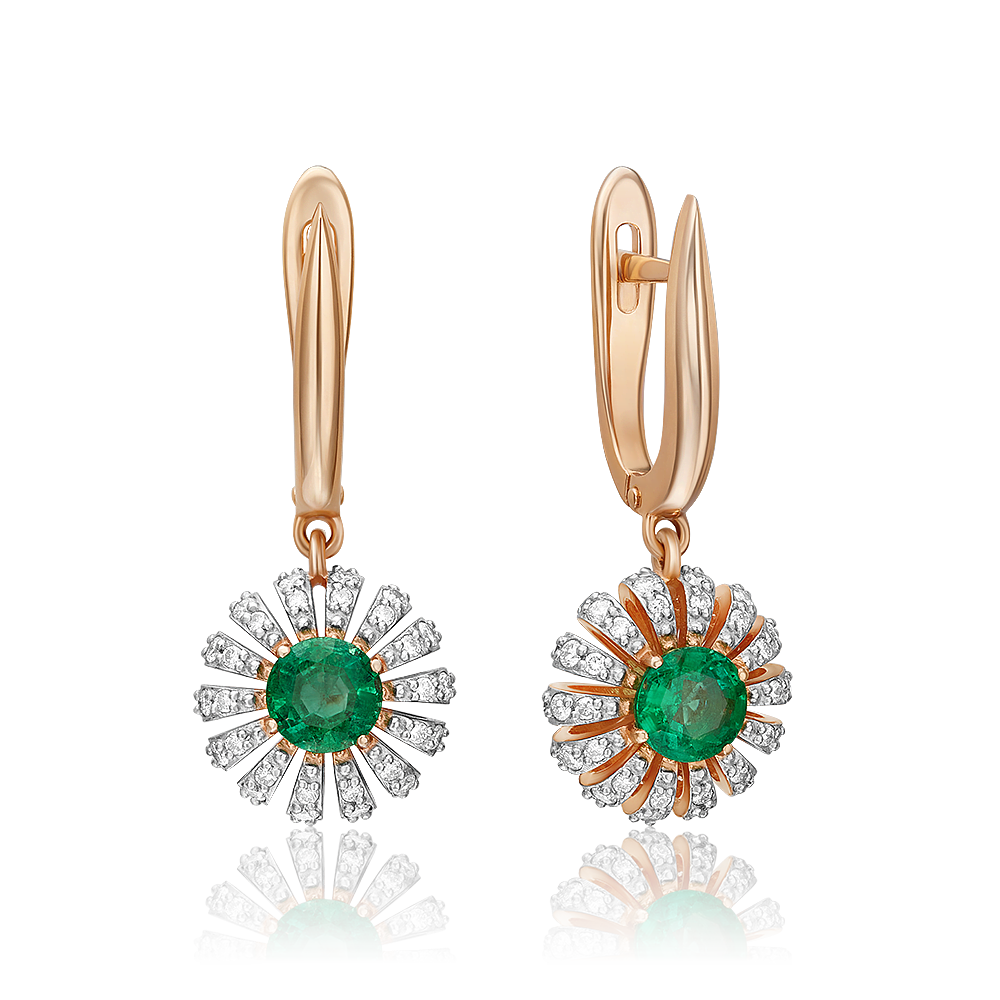 Серьги с английским замком из красного золота с изумрудом и бриллиантами 02-0792-00-106-1110-30