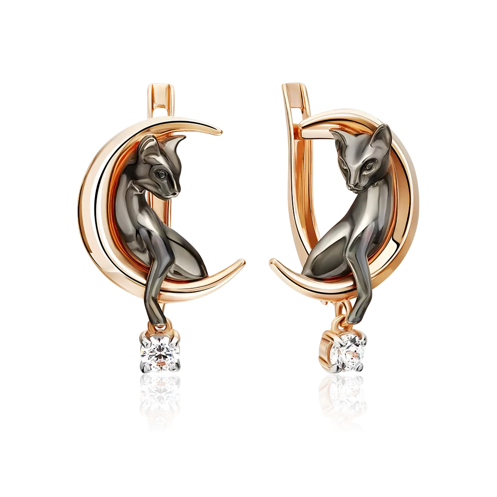 Серьги «Лунные кошки» с английским замком из красного золота с фианитом 02-5433-00-401-1110