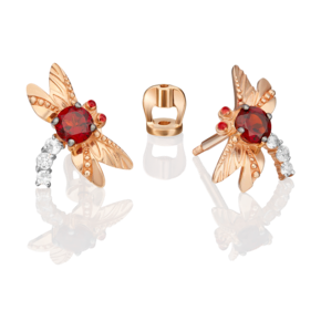 Серьги-пусеты «Стрекозы» из красного золота с гранатом, натуральными топазами white и эмалью 02-4679-00-264-1110-57