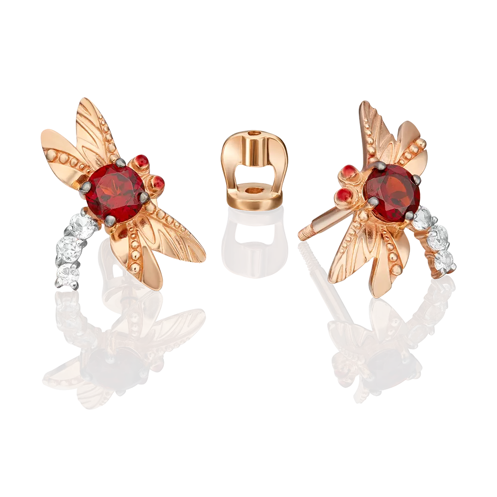 Серьги-пусеты «Стрекозы» из красного золота с гранатом, натуральными топазами white и эмалью 02-4679-00-264-1110-57