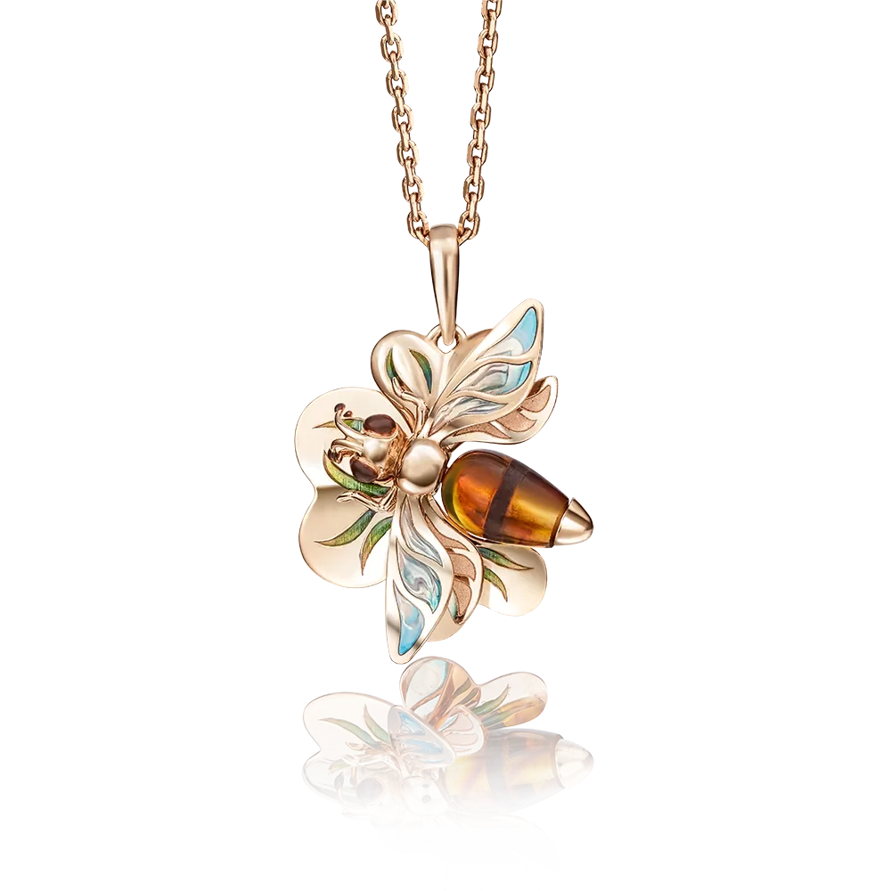 Подвеска «Пчела» из красного золота с янтарём и эмалью 03-2762-00-271-1110-46