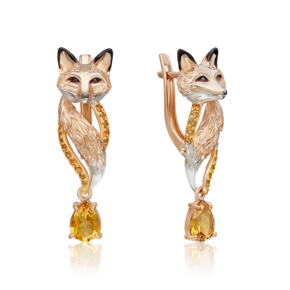 Серьги «Лисицы» с английским замком из красного золота с цитринами и эмалью 02-5282-00-206-1110