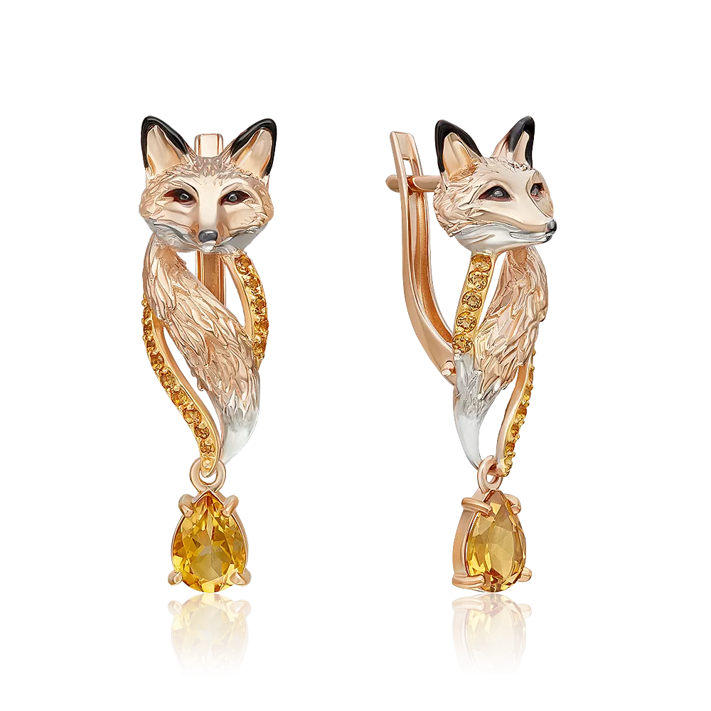 Серьги «Лисицы» с английским замком из красного золота с цитринами и эмалью 02-5282-00-206-1110