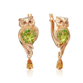 Серьги «Совы» с английским замком из красного золота с миксом камней и эмалью 02-4128-00-710-1110-57