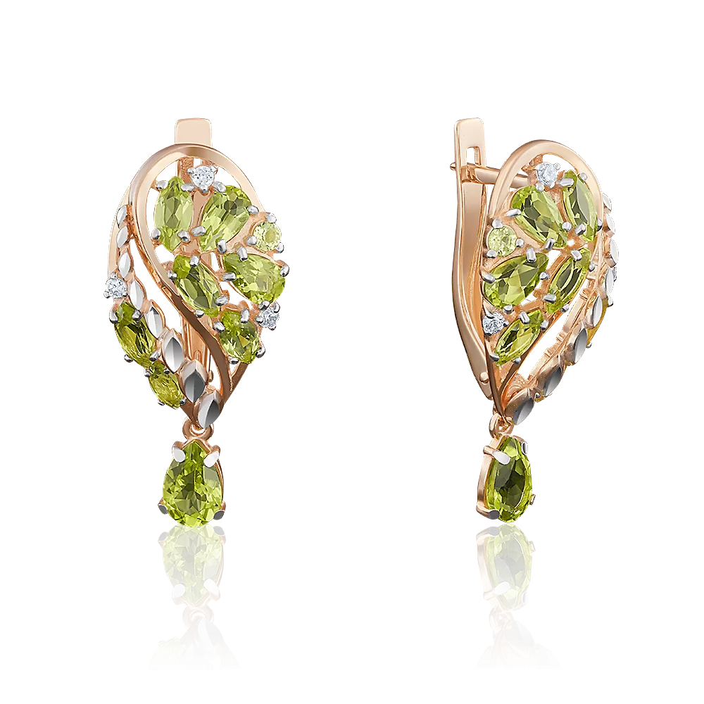 Серьги с английским замком из красного золота с хризолитами и фианитами 02-3950-00-211-1110-46