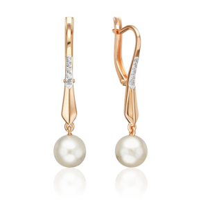Серьги с английским замком из красного золота с жемчугом культивированным и фианитами 02-5603-00-302-1110