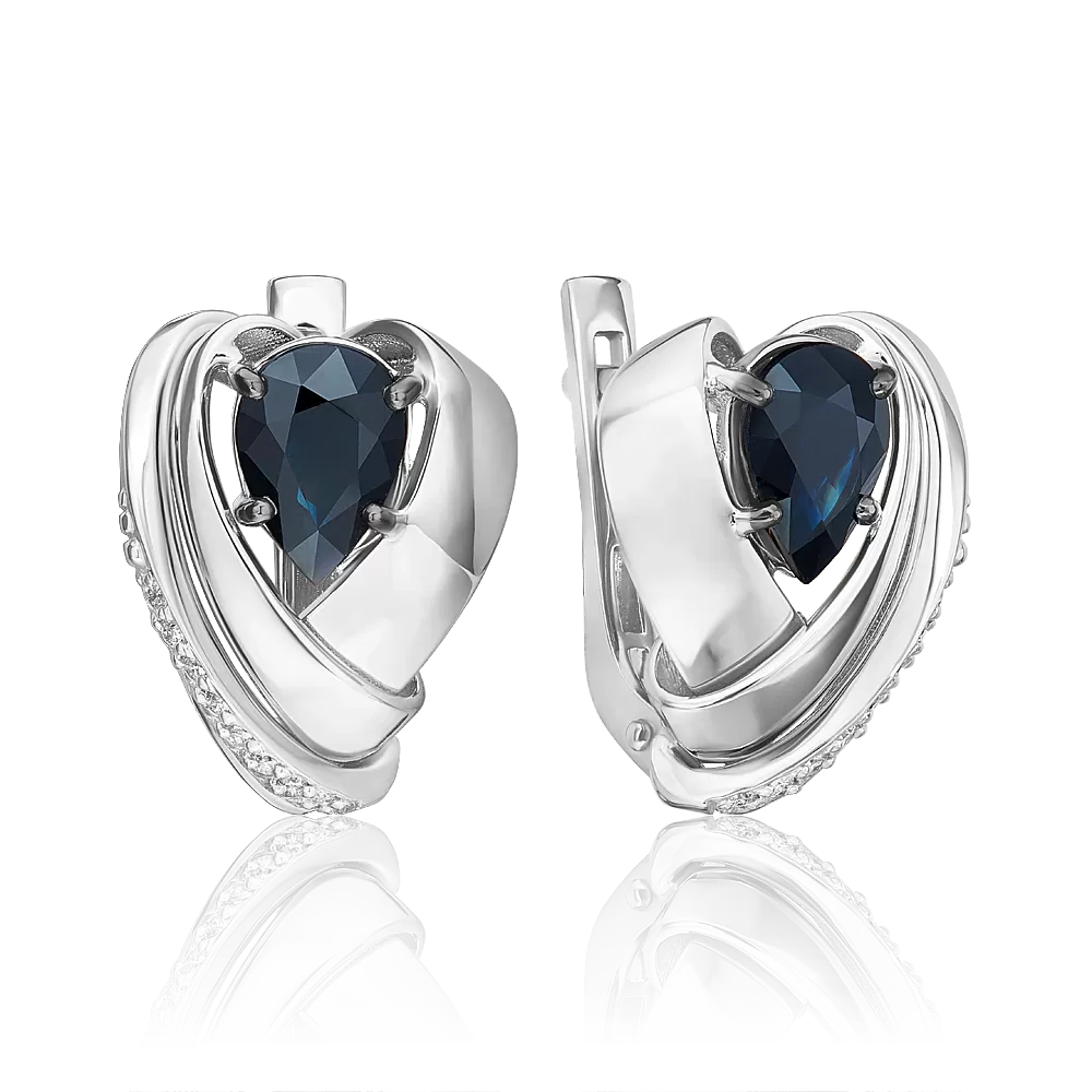 Серьги с английским замком из белого золота с сапфиром и бриллиантами 02-5206-00-105-1120