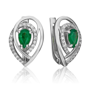 Серьги с английским замком из белого золота с изумрудом и бриллиантами