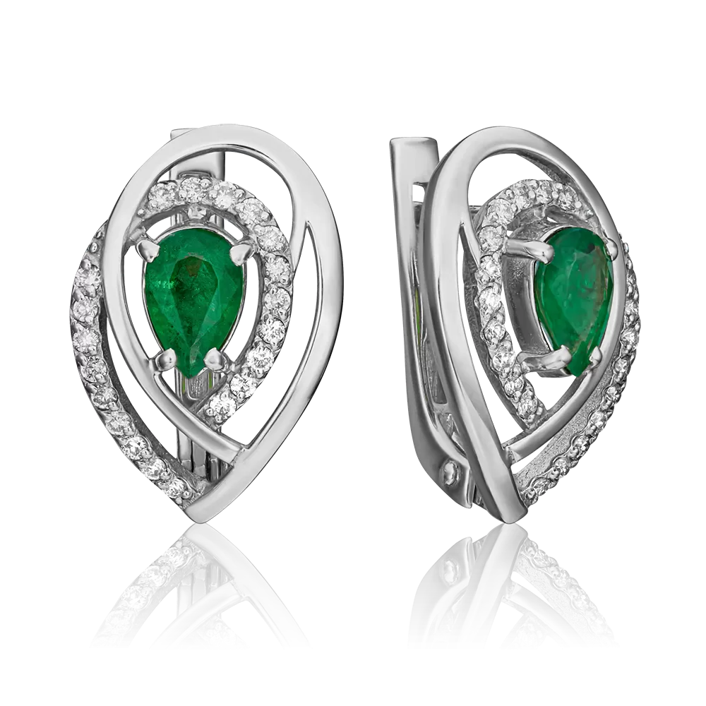 Серьги с английским замком из белого золота с изумрудом и бриллиантами 02-0101-00-106-1120-30