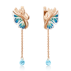 Серьги «Крылья бабочки» (пожелание здоровья) с английским замком из комбинированного золота с топазом и эмалью 02-4694-00-201-1111-75