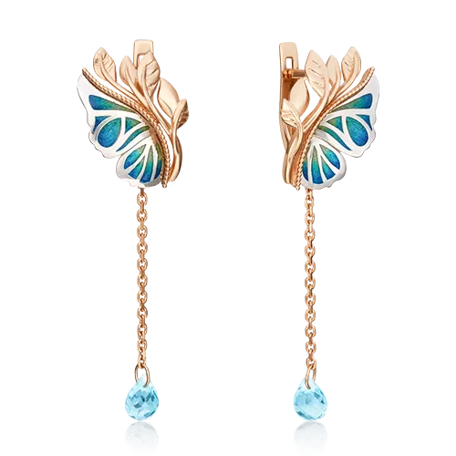 Серьги «Крылья бабочки» (пожелание здоровья) с английским замком из комбинированного золота с топазом и эмалью 02-4694-00-201-1111-75