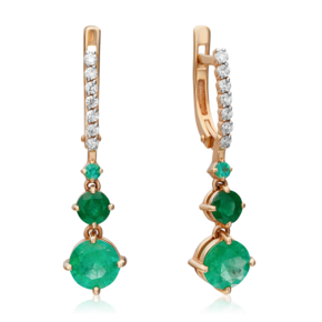 Серьги с английским замком из красного золота с изумрудами и бриллиантами