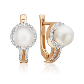 Серьги с английским замком из красного золота с жемчугом культивированным и фианитами 02-0741-00-302-1110-31