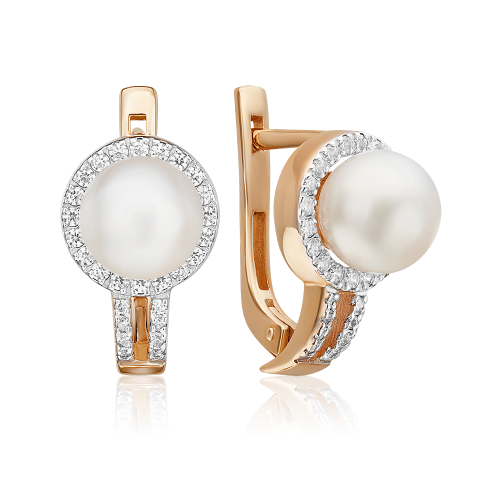 Серьги с английским замком из красного золота с жемчугом культивированным и фианитами 02-0741-00-302-1110-31