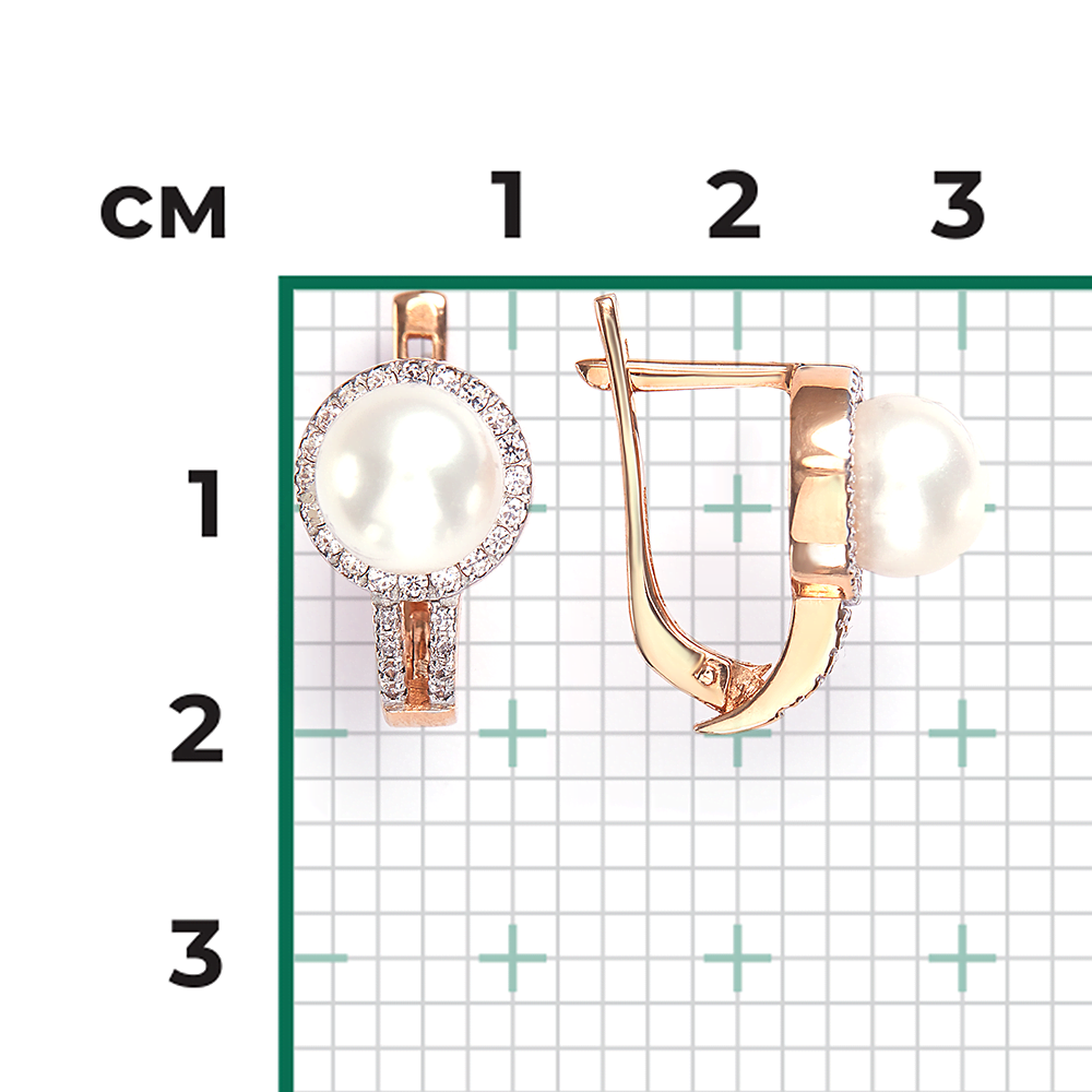 Серьги с английским замком из красного золота с жемчугом культивированным и фианитами 02-0741-00-302-1110-31