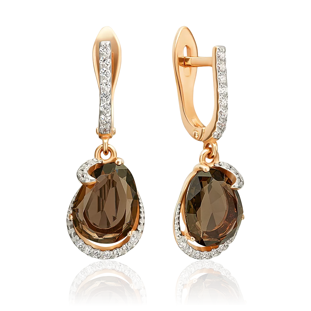 Серьги с английским замком из красного золота с кварцем дымчатым и фианитами 02-3198-00-208-1110-46