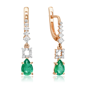 Серьги с английским замком из красного золота с изумрудом и бриллиантами