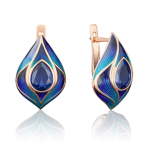 Серьги «Павлиний глаз» с английским замком из красного золота с фианитом и эмалью 02-3718-00-404-1110-25