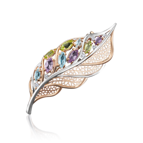 Брошь «Перо» из красного золота с миксом камней 04-0144-00-295-1110-46