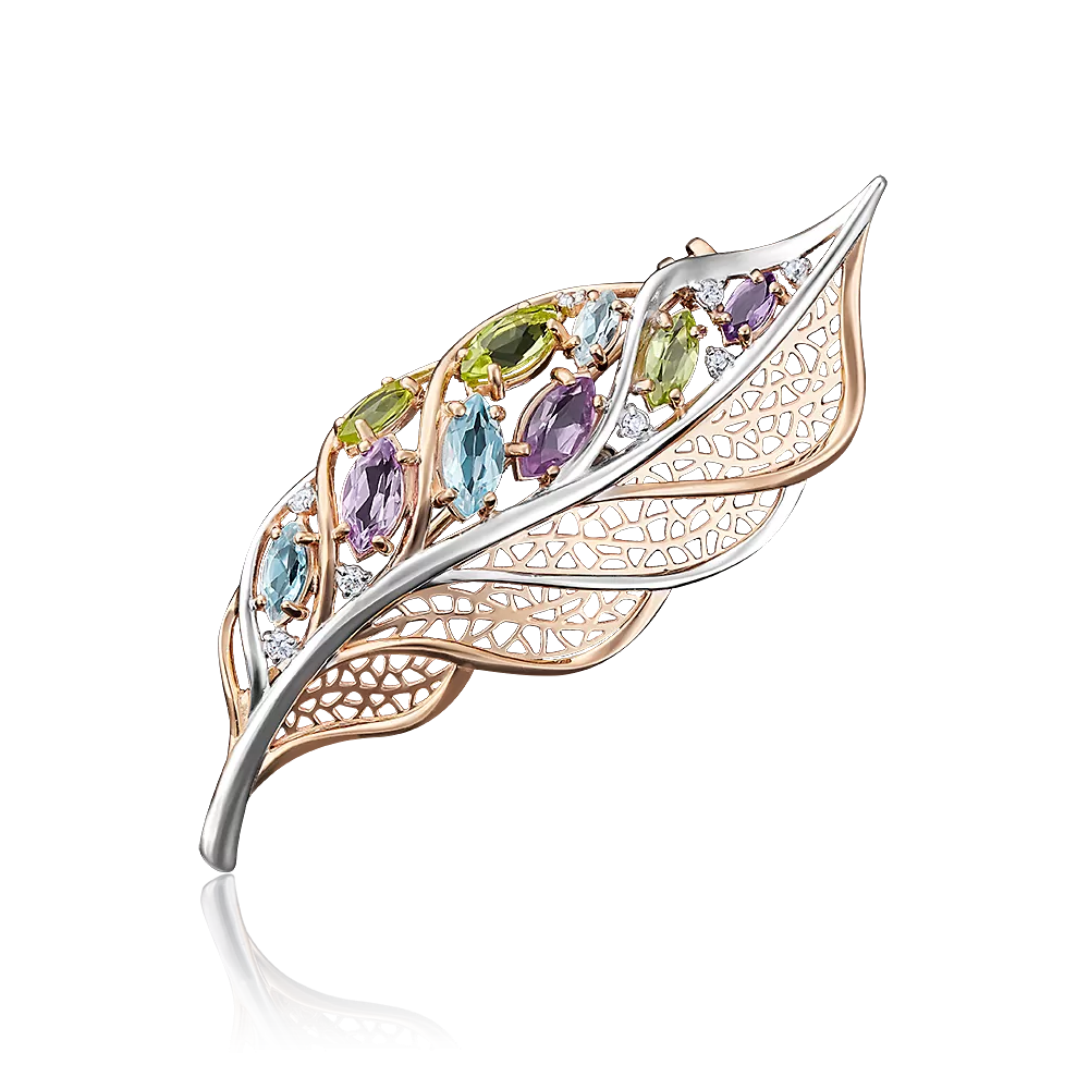 Брошь «Перо» из красного золота с миксом камней 04-0144-00-295-1110-46