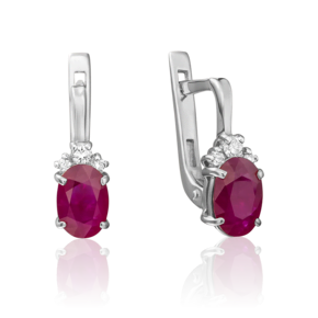 Серьги с английским замком из белого золота с рубином и бриллиантами