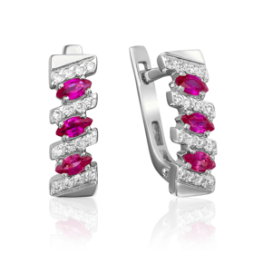 Серьги с английским замком из белого золота с рубинами и бриллиантами