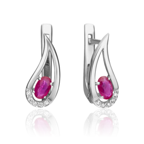 Серьги с английским замком из белого золота с рубином и бриллиантами