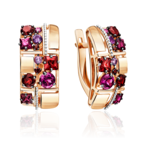 Серьги с английским замком из комбинированного золота с гранатами и аметистами 02-4406-00-257-1111-57