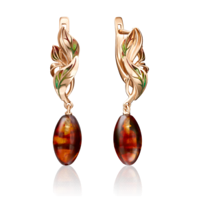 Серьги «Барбарис» с английским замком из красного золота с янтарём и эмалью 02-4197-00-271-1110-46