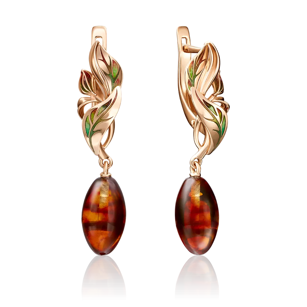 Серьги «Барбарис» с английским замком из красного золота с янтарём и эмалью 02-4197-00-271-1110-46