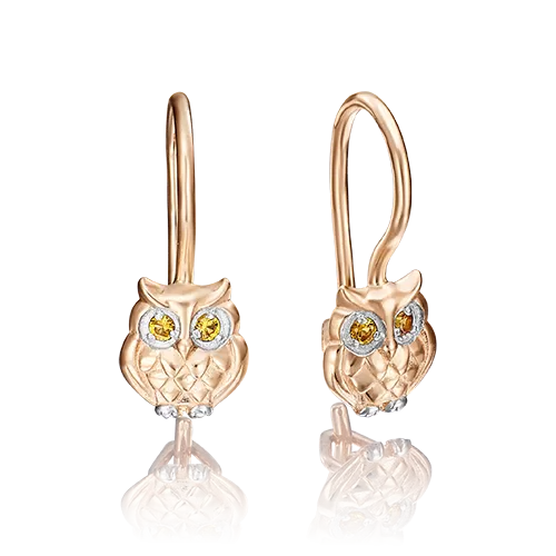 Детские серьги «Совы» с французским замком из красного золота с фианитами 02-3846-00-404-1110-03