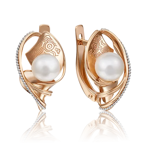 Серьги с английским замком из красного золота с жемчугом культивированным 02-4164-00-301-1110
