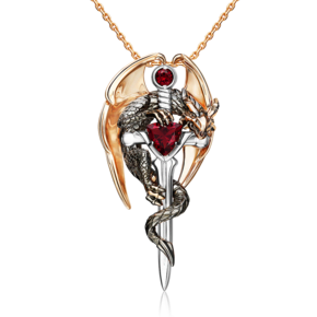 Подвеска «Дракон с мечом» из комбинированного золота с гранатами 03-3495-00-204-1111