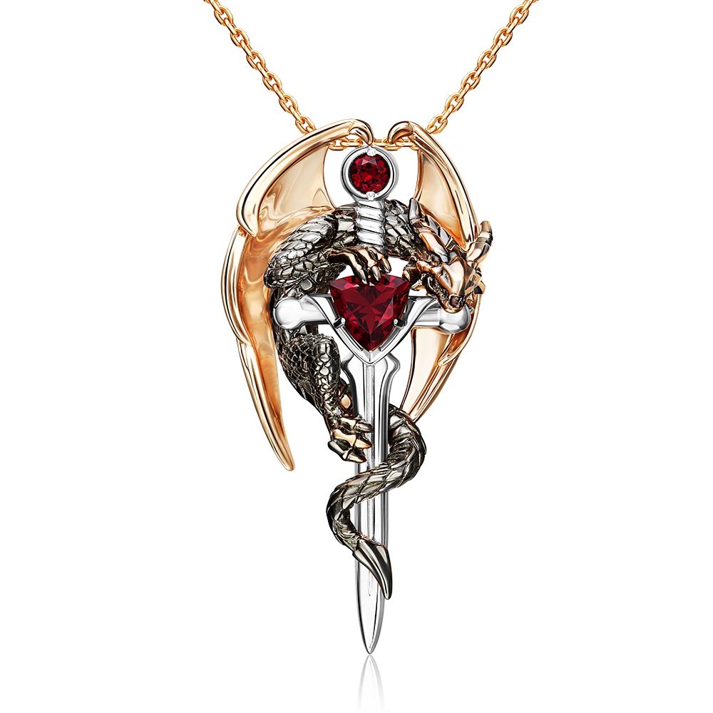 Подвеска «Дракон с мечом» из комбинированного золота с гранатами 03-3495-00-204-1111