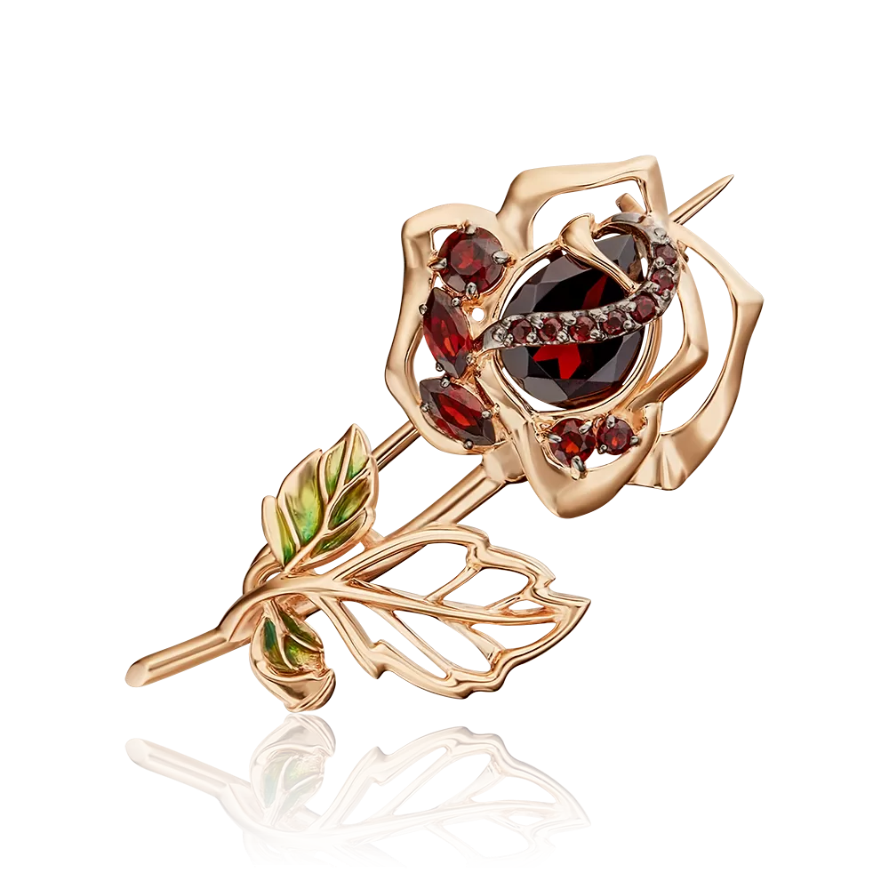 Брошь «Красная роза» из красного золота с гранатами и эмалью 04-0237-00-204-1110-57