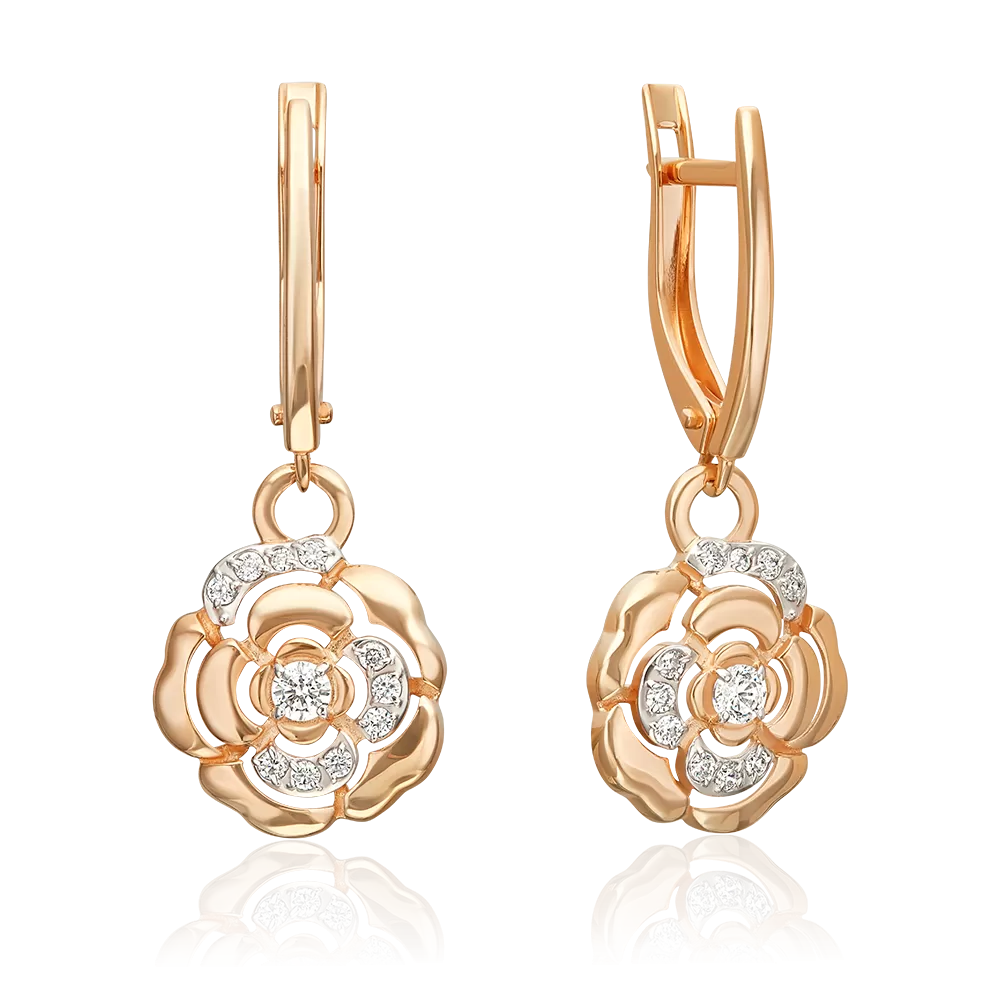 Серьги «Камелии» с английским замком из красного золота с фианитами 02-5530-00-401-1110