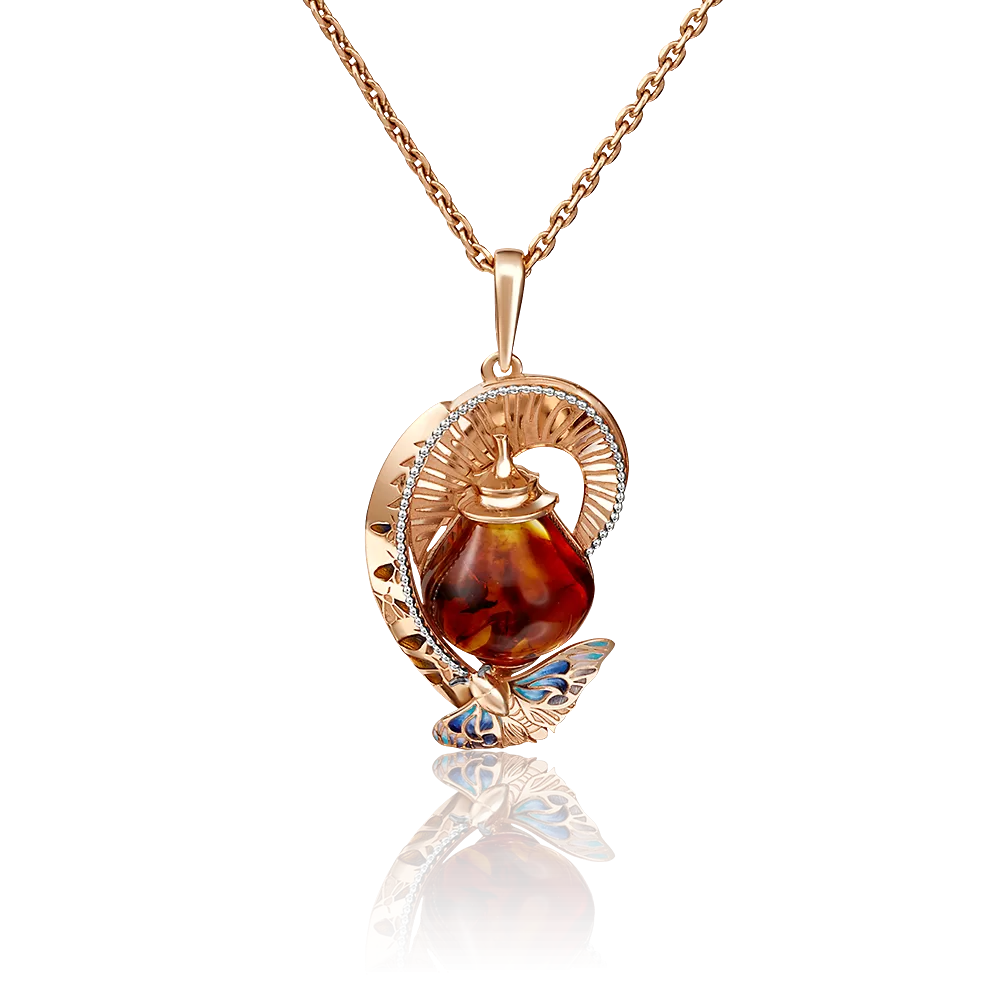 Подвеска «Фонарик» из красного золота с янтарём и эмалью 03-2922-00-271-1110-46