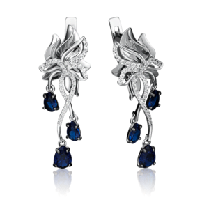 Серьги с английским замком из белого золота с сапфирами и бриллиантами