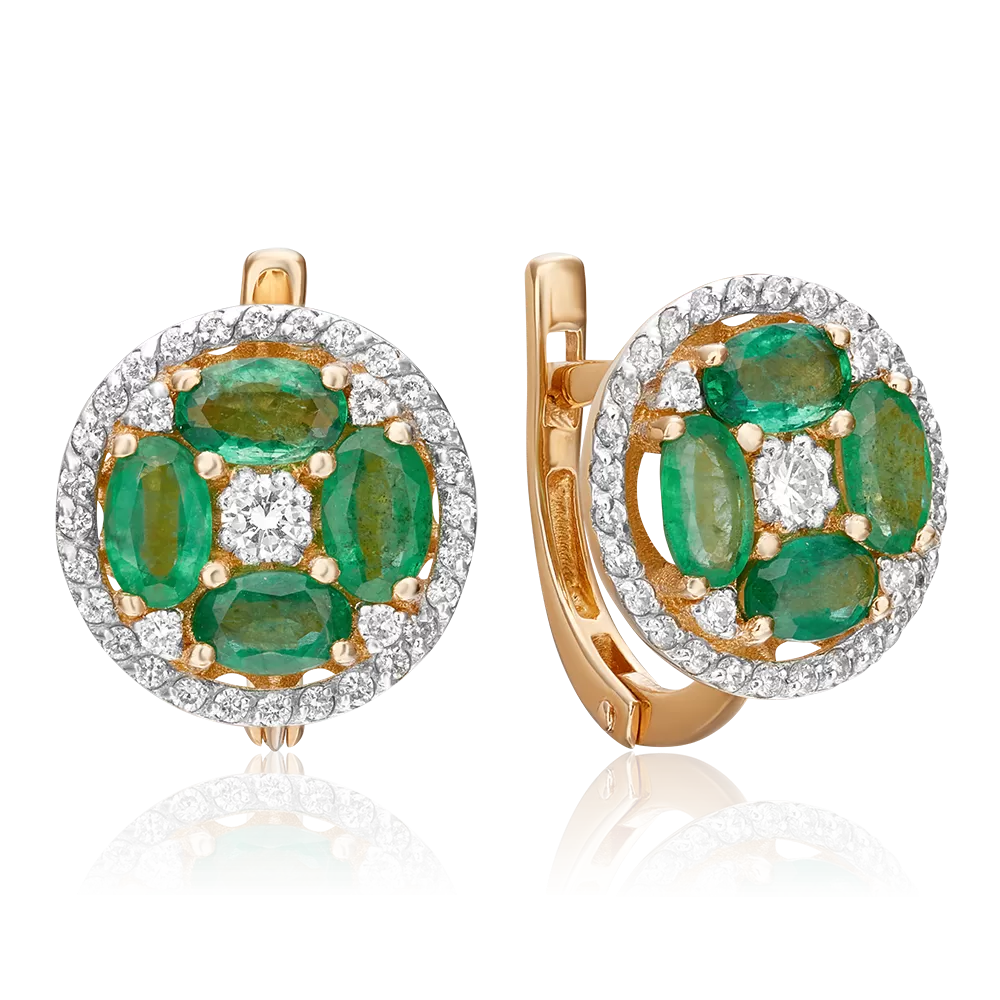 Серьги с английским замком из красного золота с изумрудами и бриллиантами 02-0912-00-106-1110-30