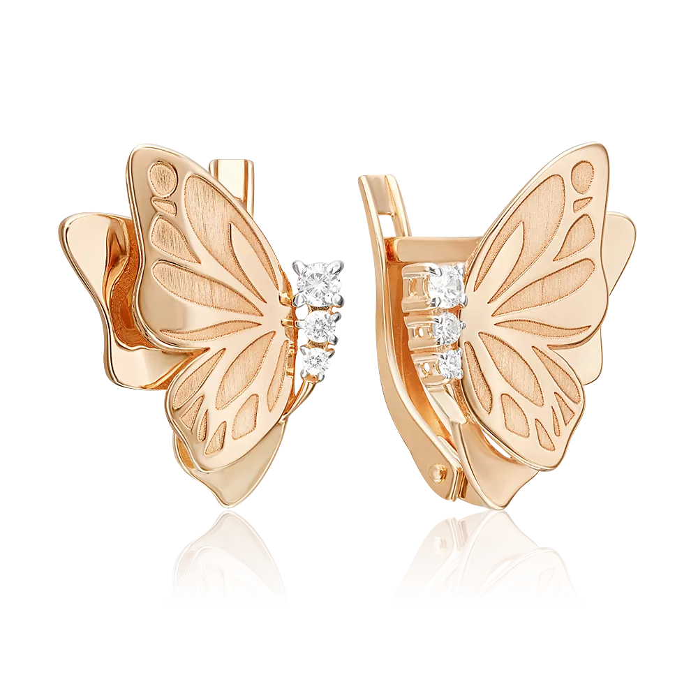 Серьги «Бабочки» с английским замком из красного золота с фианитами 02-5427-00-401-1110