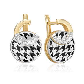 Серьги с принтом «Гусиная лапка» из комбинированного золота с фианитами и эмалью 02-5199-00-401-1121