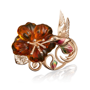 Брошь «Колибри»  из красного золота с фианитом, янтарём и эмалью 04-0160-00-272-1110-46