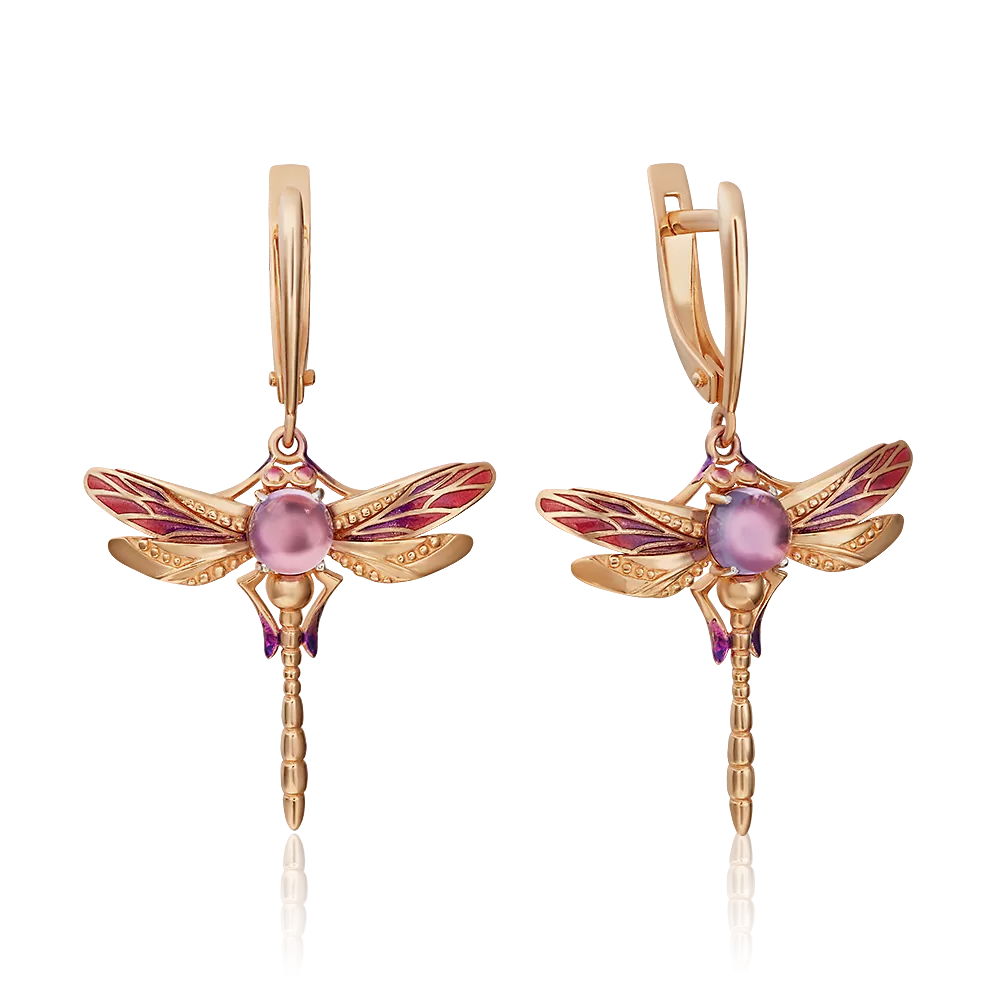 Серьги «Стрекозы» с английским замком из красного золота с аметистом и эмалью 02-4685-00-203-1110-57